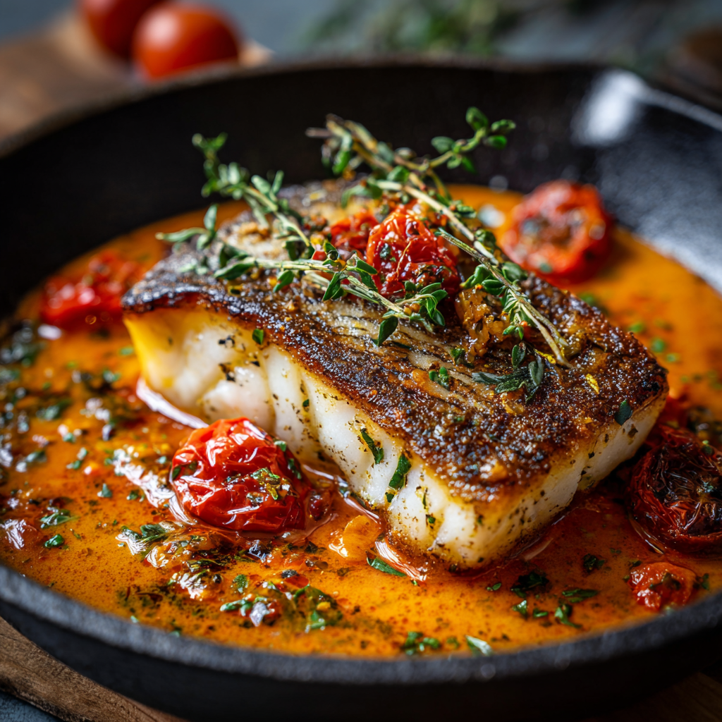 Pan seared Chilean sea bass in skillet