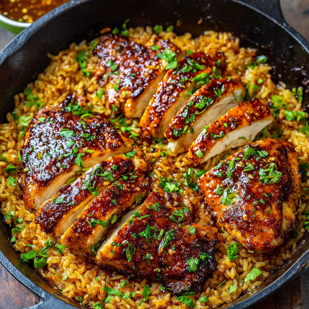 Finished one-pan honey BBQ chicken rice in skillet