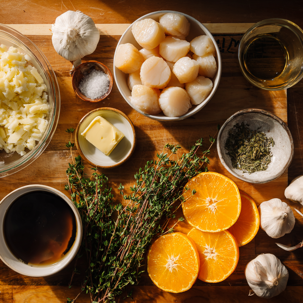 Seared scallops with citrus dressing on a plate