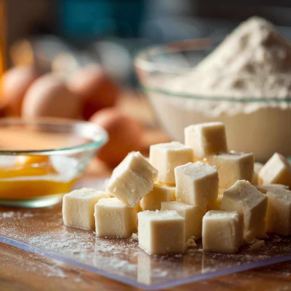 Sliced block of chilled custard ready for coating