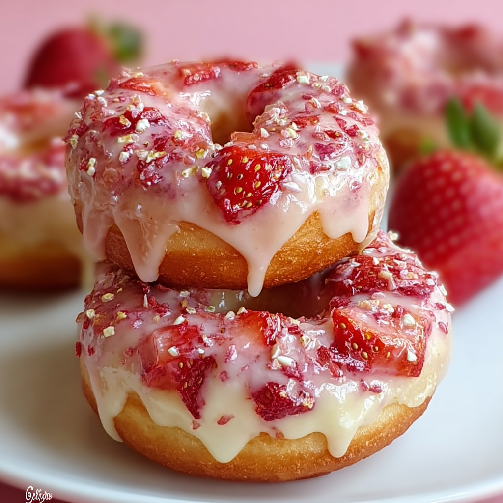Strawberry cheesecake stuffed donuts on a plate