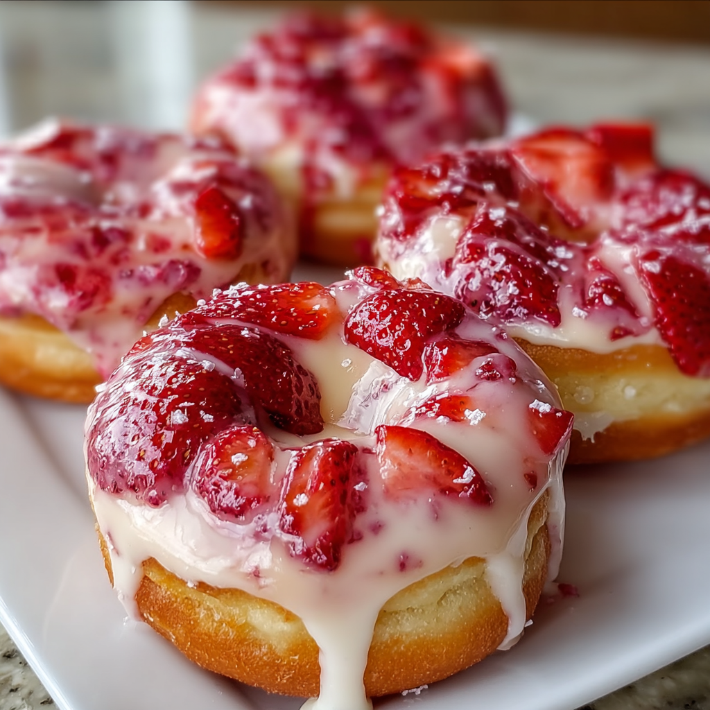 Close-up of a filled donut showing the strawberry cheesecake center
