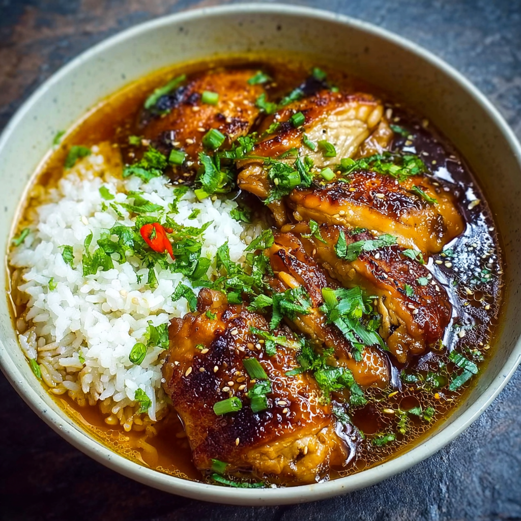 Caramelized soy chicken searing in a skillet