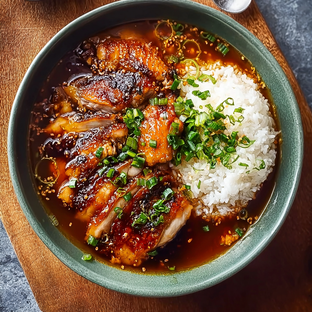 Finished caramelized chicken served over basmati rice
