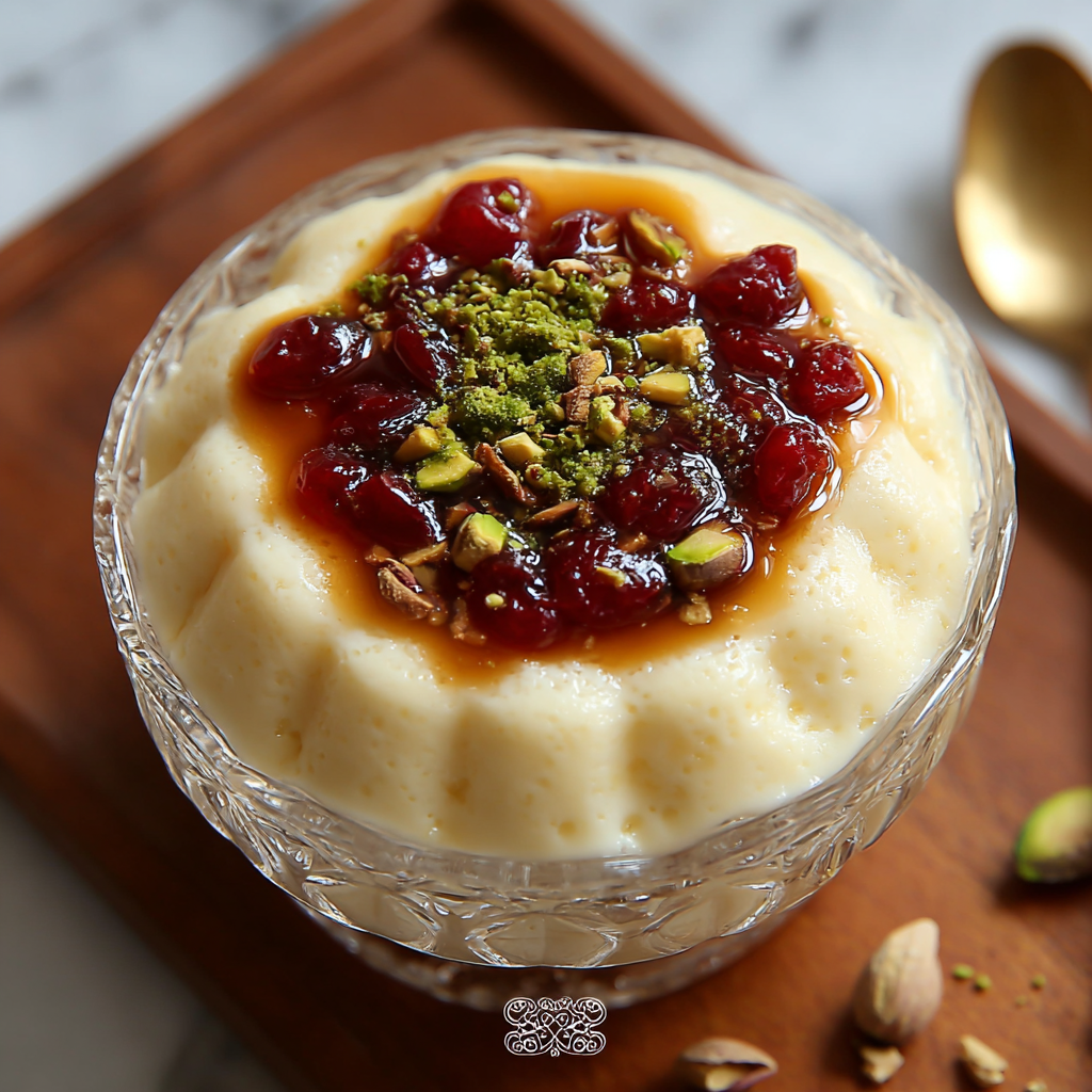Semolina pudding layered with ashta topped with pistachios