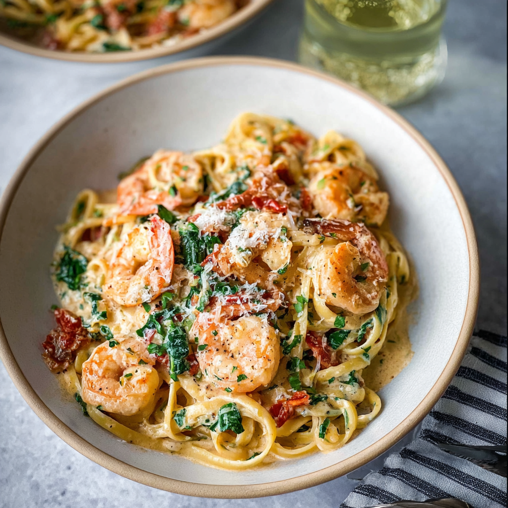 Creamy Tuscan Shrimp in skillet with basil