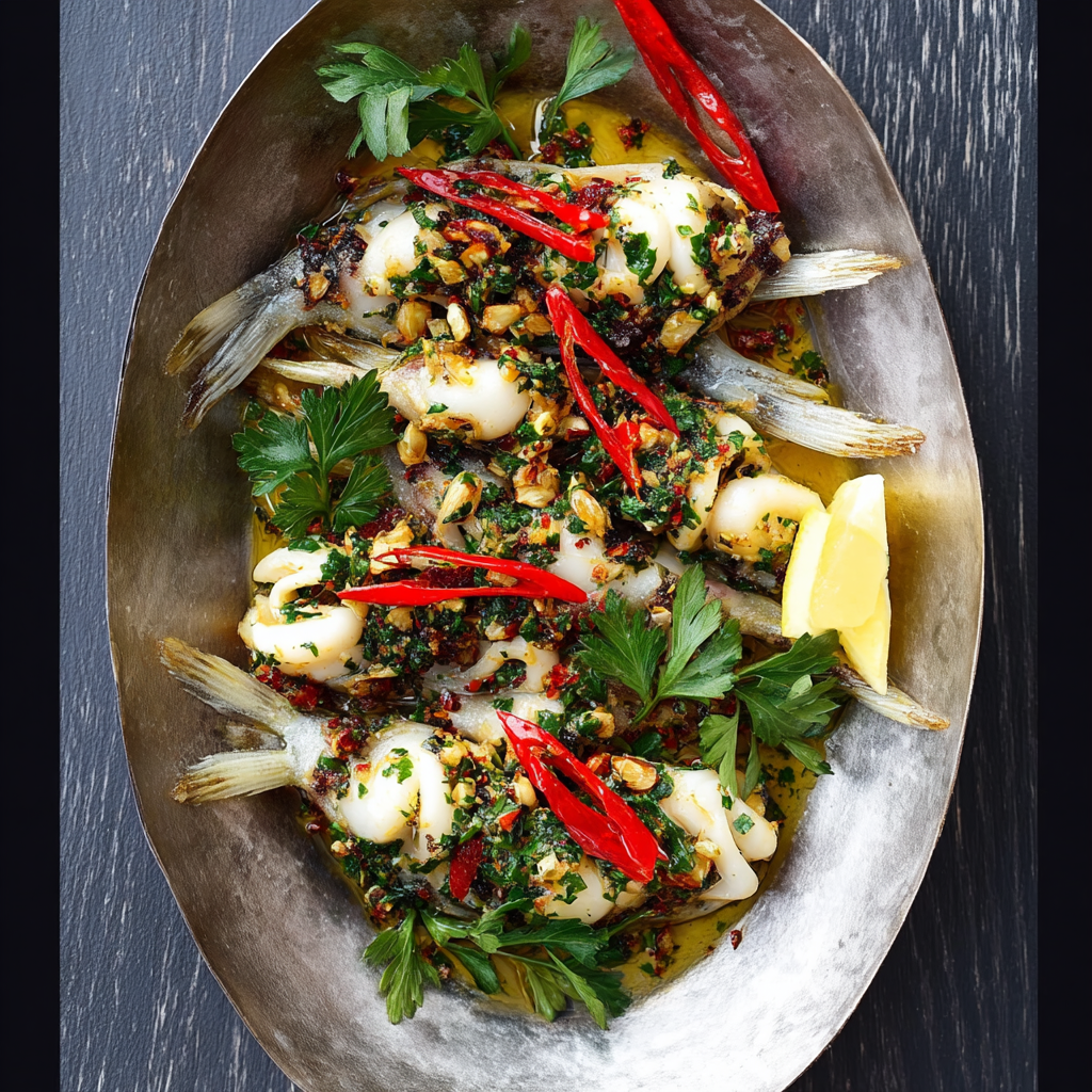 Pan searing squid with garlic and parsley