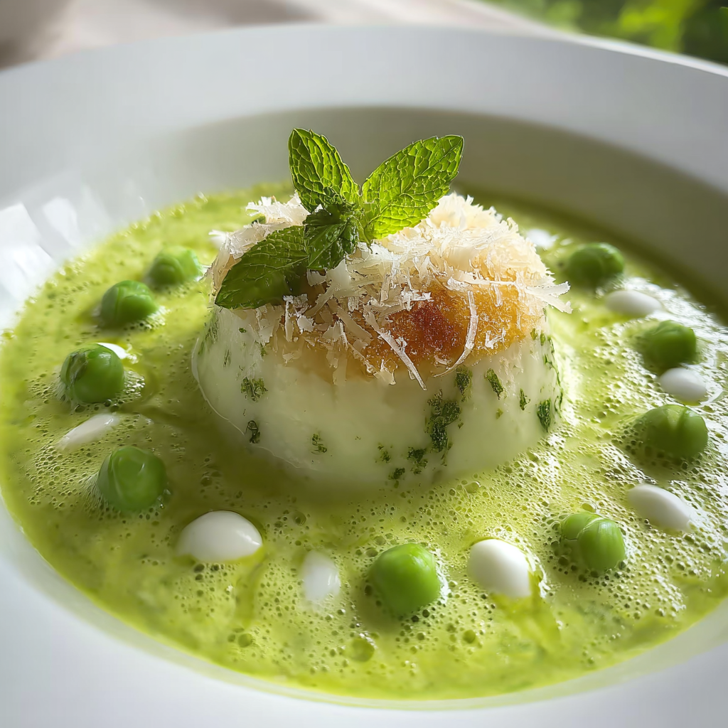 Chilled pea soup garnished with mint leaves