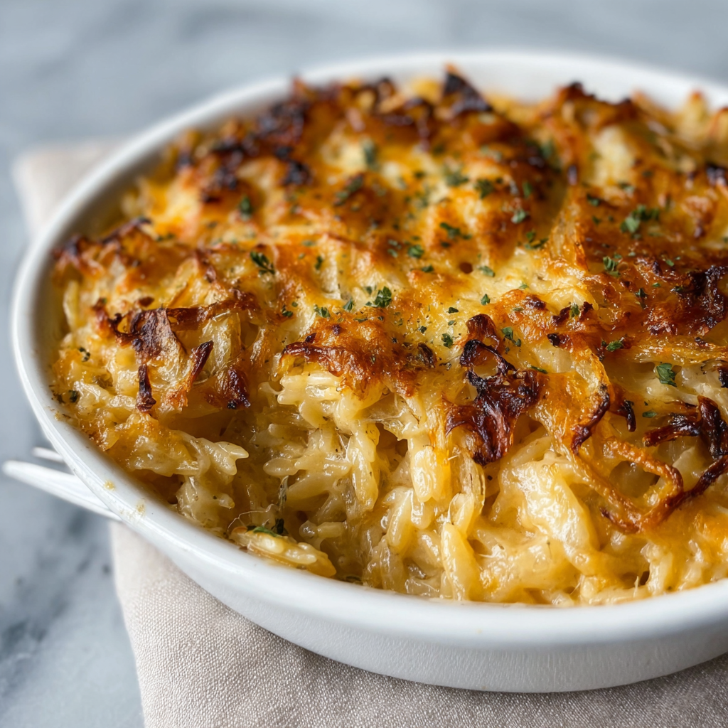 French Onion Orzo Bake in a 9x13 dish, cheese bubbling and golden