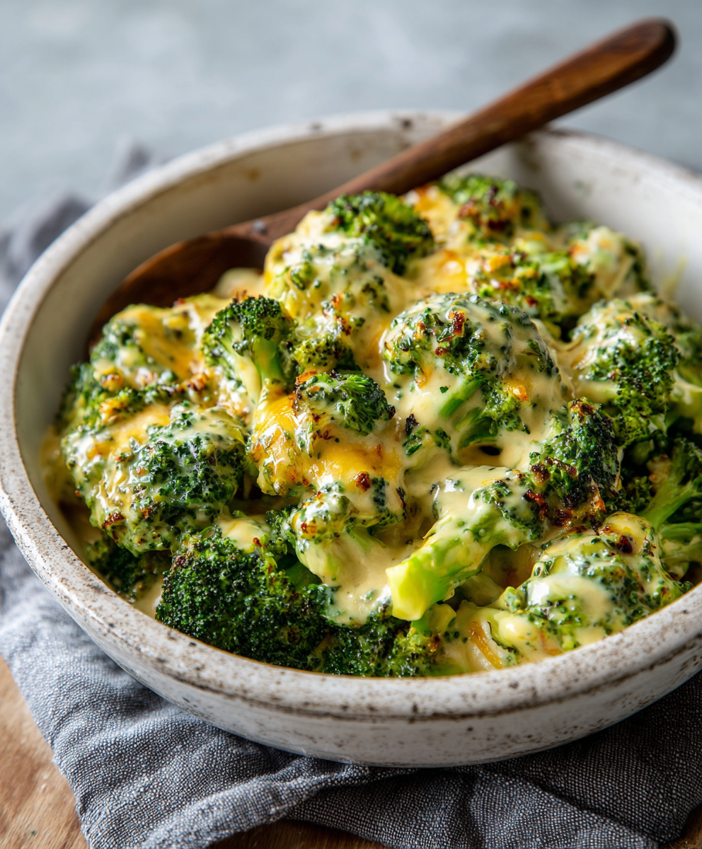 Close-up of broccoli florets with melted cheese sauce