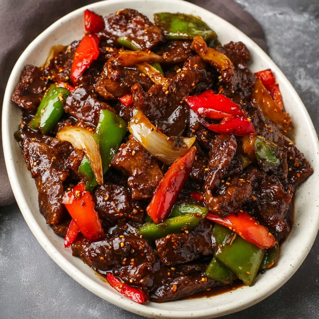 Plated black pepper beef with rice