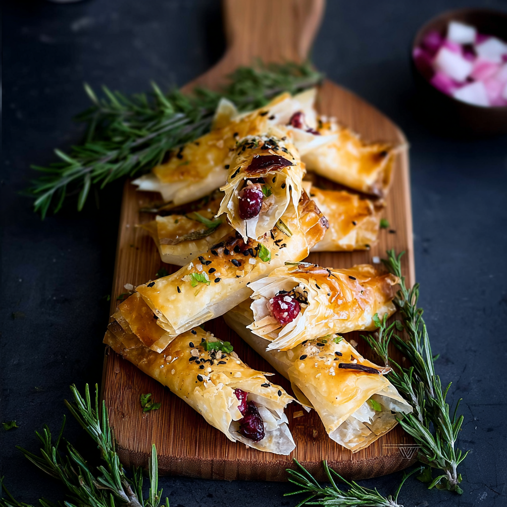 Cranberry and Brie Filo Crackers on a parchment-lined baking sheet