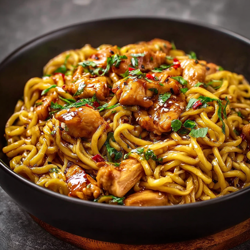 Sticky garlic chicken noodles in a bowl with spring onions