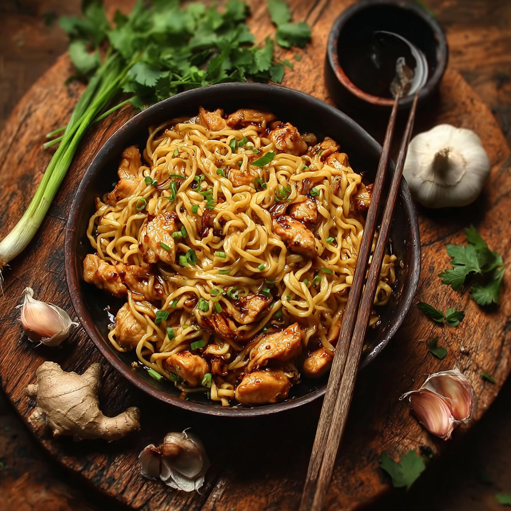 Close up of glossy sticky sauce coating noodles