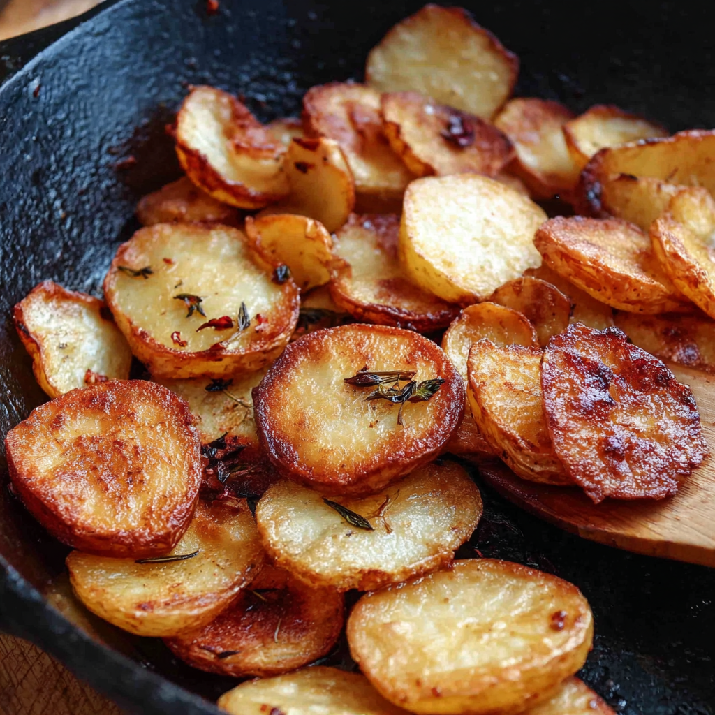Sizzling pan fried potato slices in a large skillet