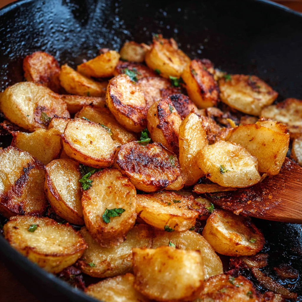 Plated pan fried potatoes with chopped parsley garnish