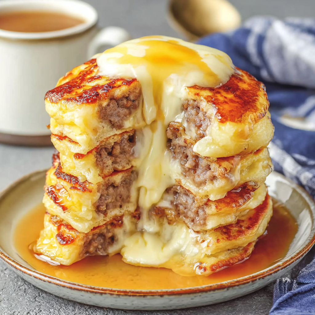 Plated sausage dipped pancakes with maple syrup