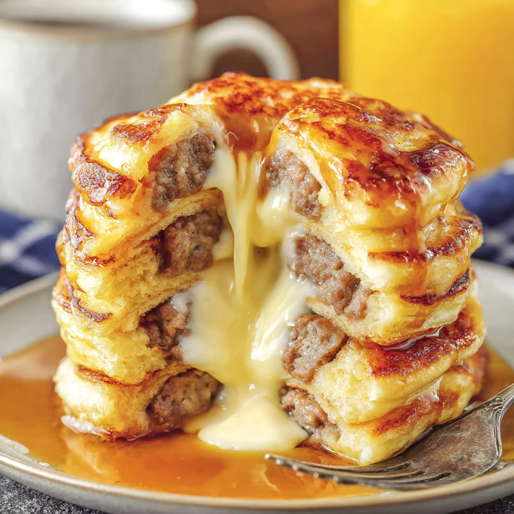 Sausage dipped pancakes on a griddle