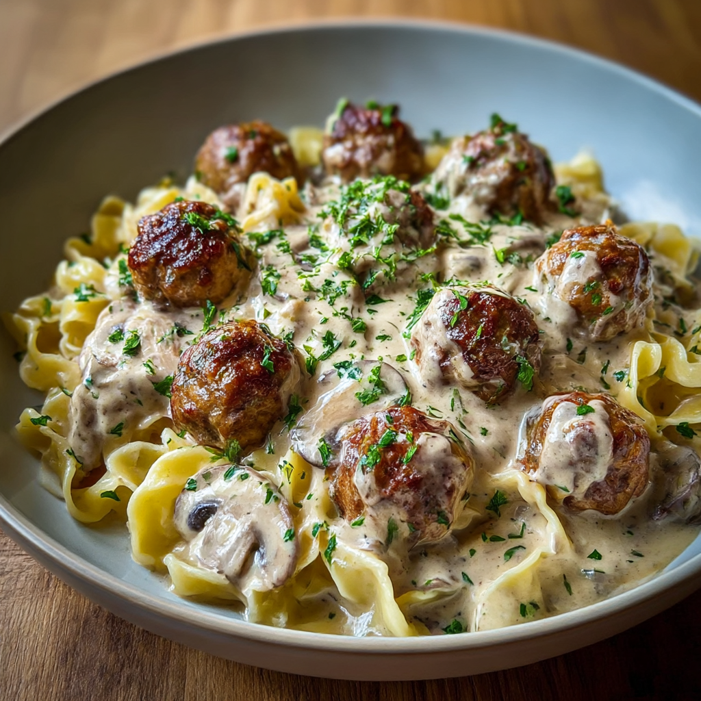 Juicy meatballs simmering in creamy mushroom sauce
