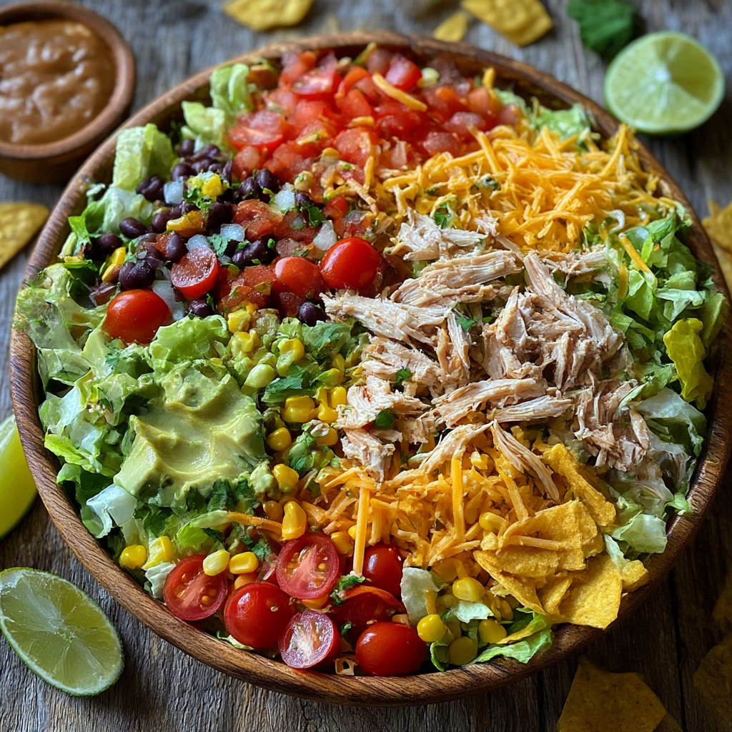 Taco chicken salad in bowl with tortilla strips