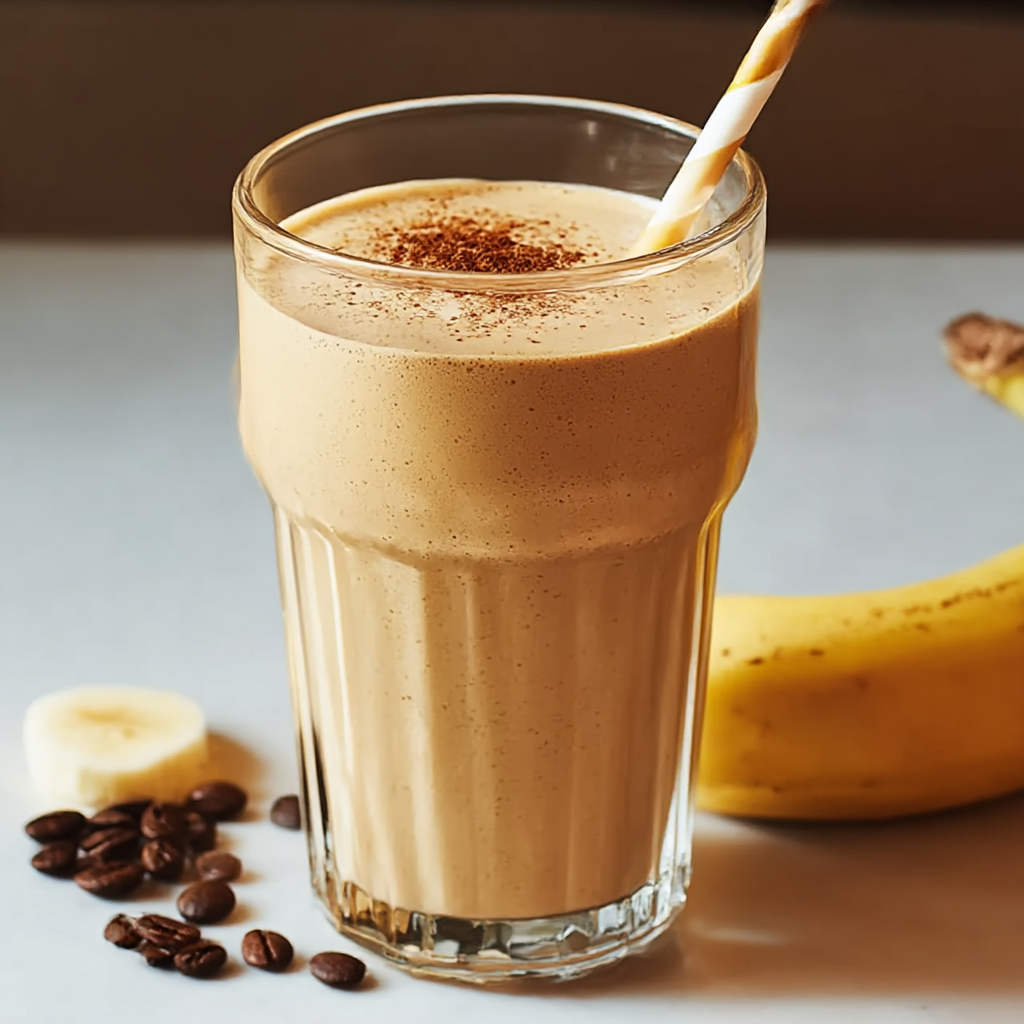 Creamy coffee banana drink in two glasses with cinnamon dust