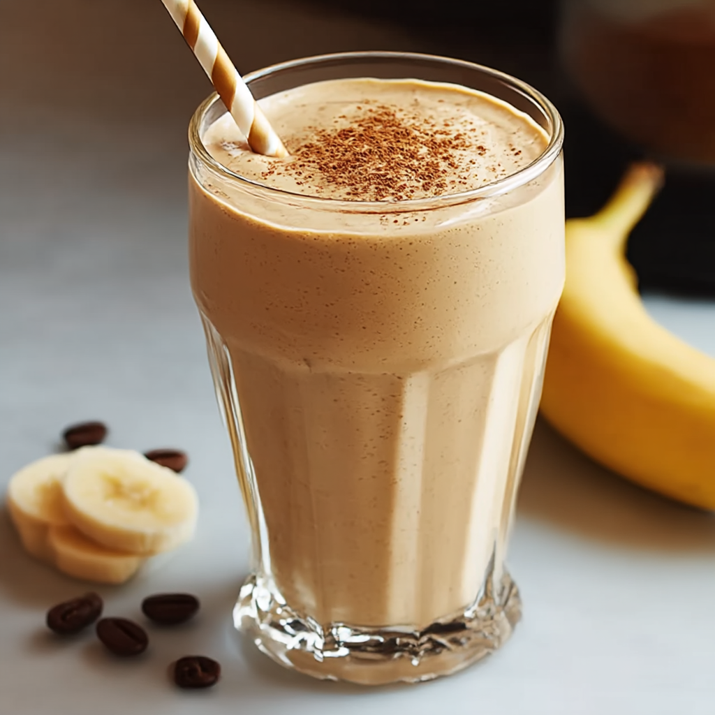 Top view of blended coffee banana drink with garnish