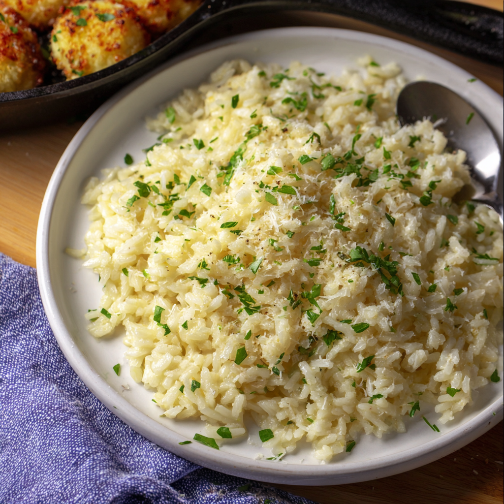Garlic parmesan rice in a white bowl garnished with parsley
