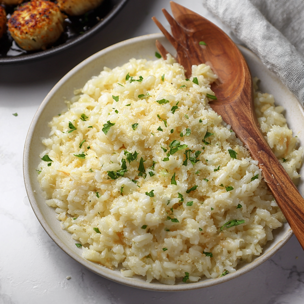 Close up of creamy garlic parmesan rice with grated cheese