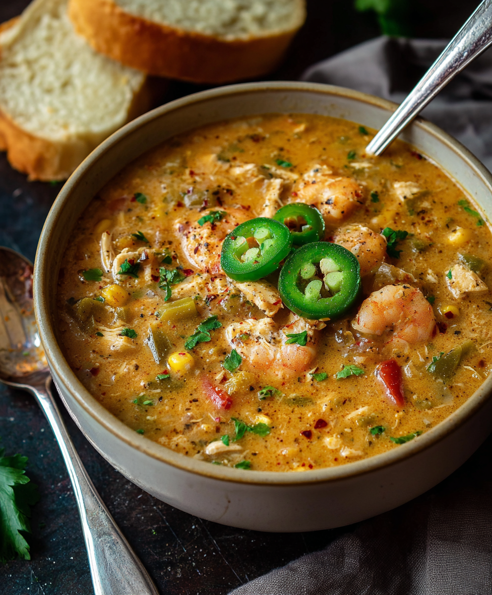 Cajun white chicken chili simmering in Dutch oven