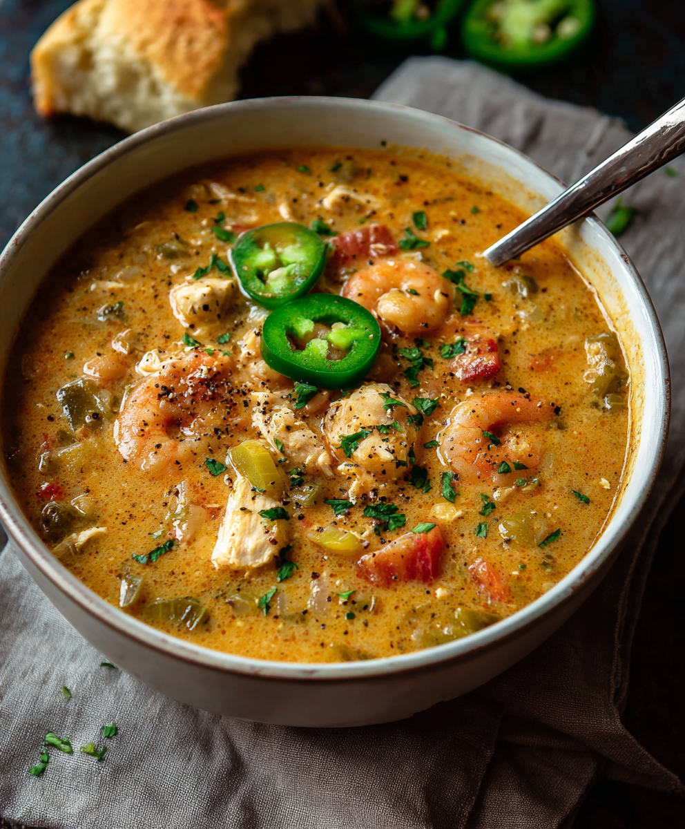 Bowl of Cajun white chicken chili garnished with cheese