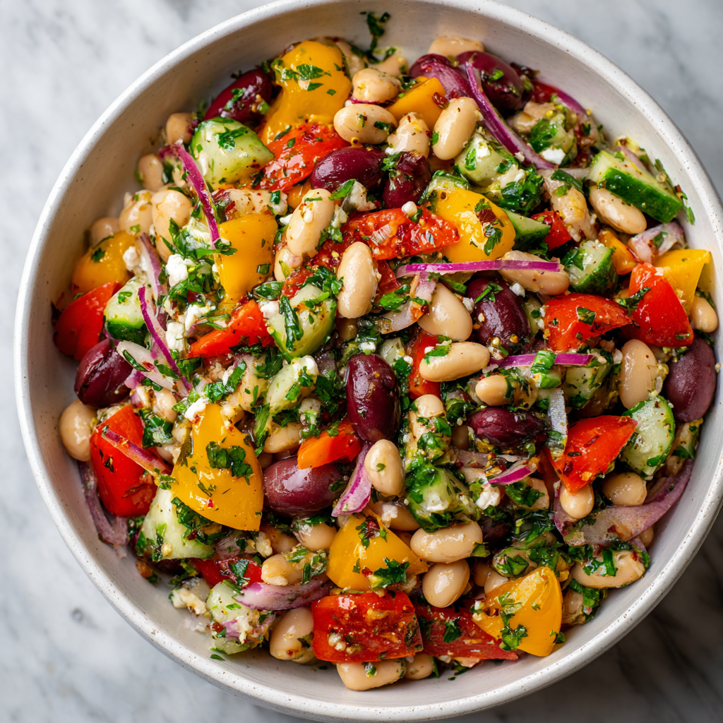 A bowl of dense bean salad with colorful peppers and feta