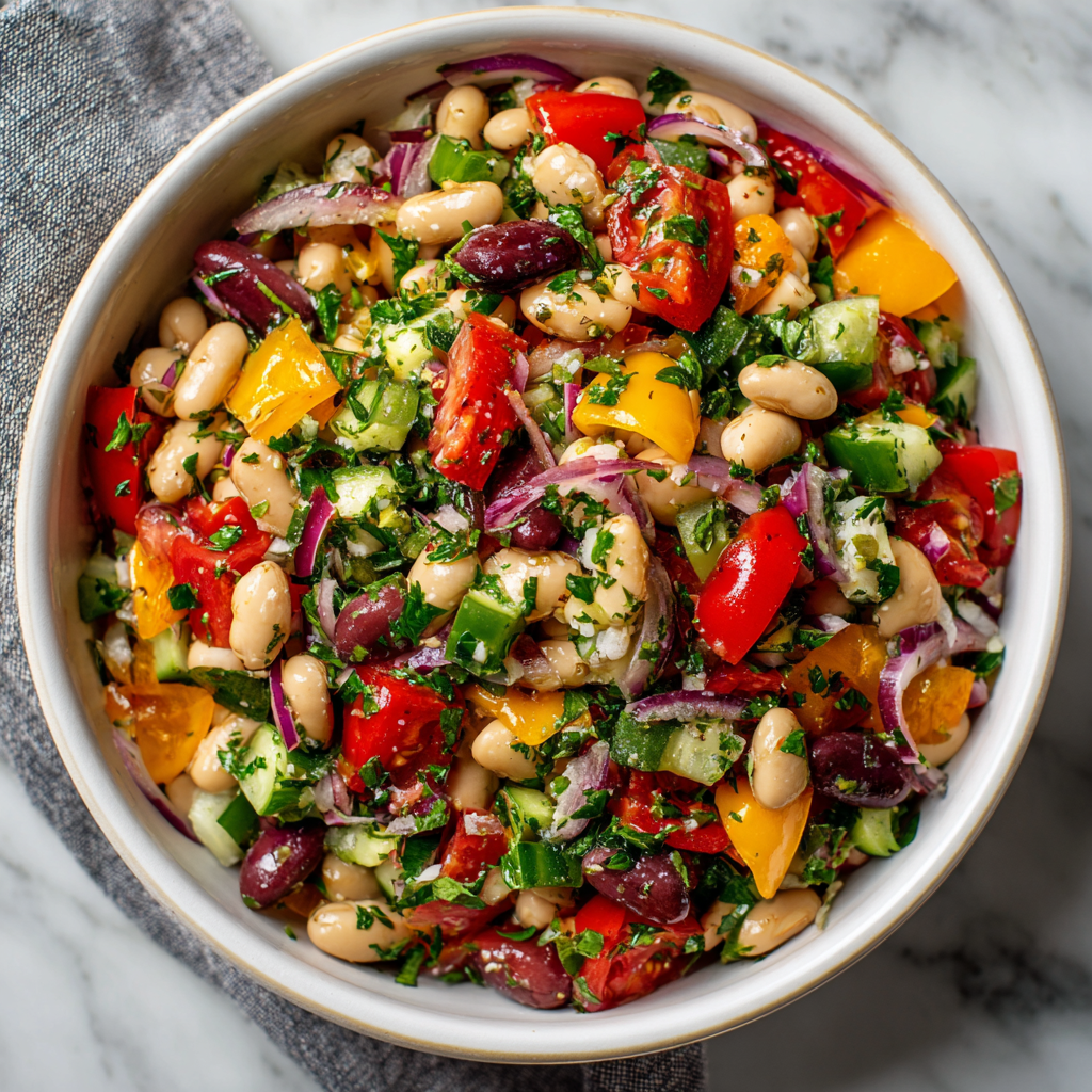 Close-up of chopped vegetables and beans in a bowl
