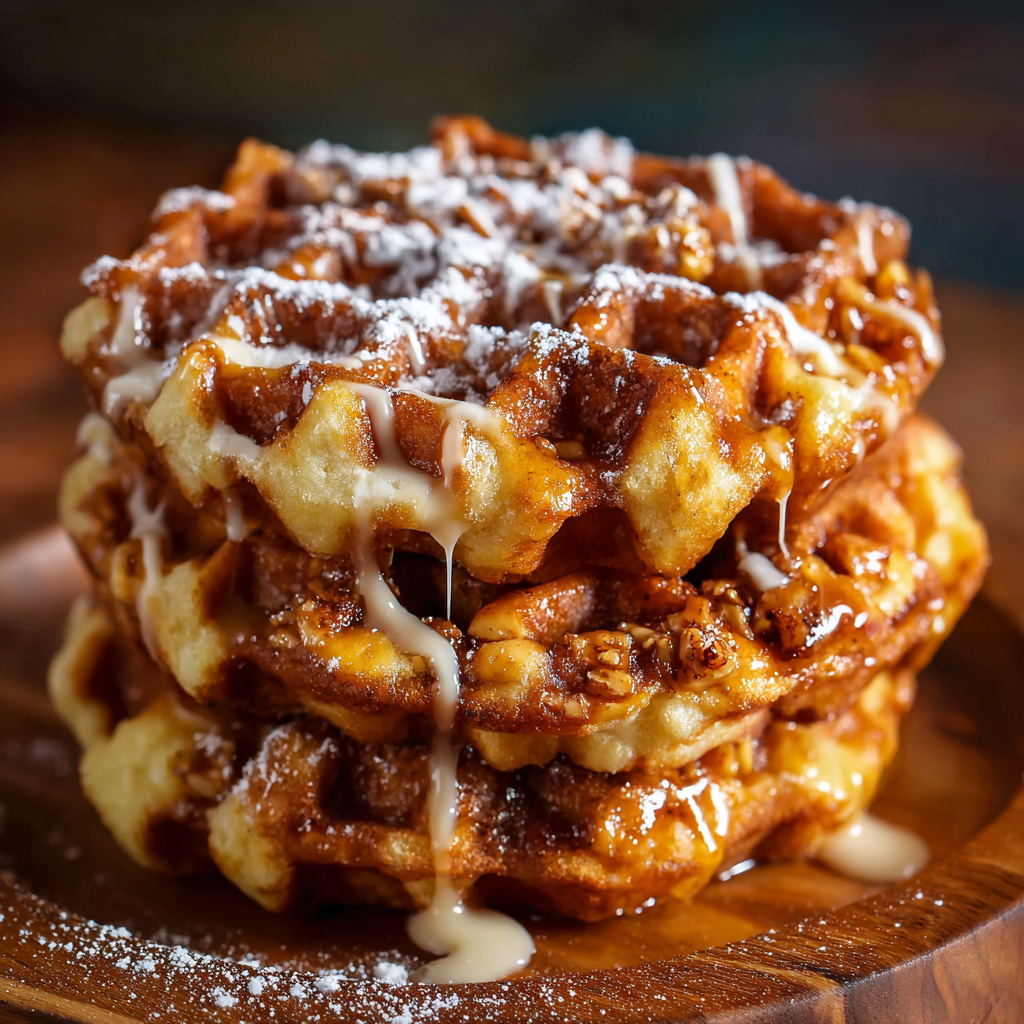 Close-up of glazed mini waffle donuts with apples