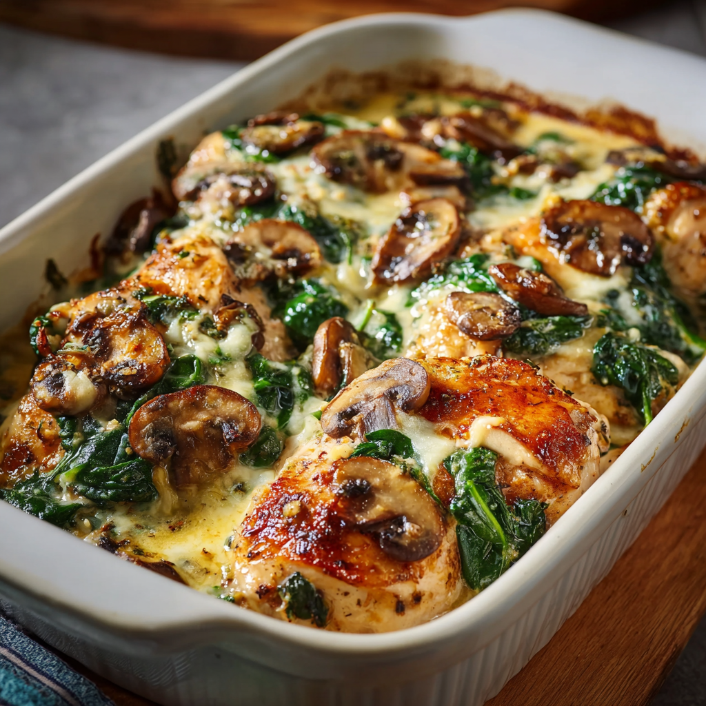 Layered chicken, spinach and mushroom in a baking dish