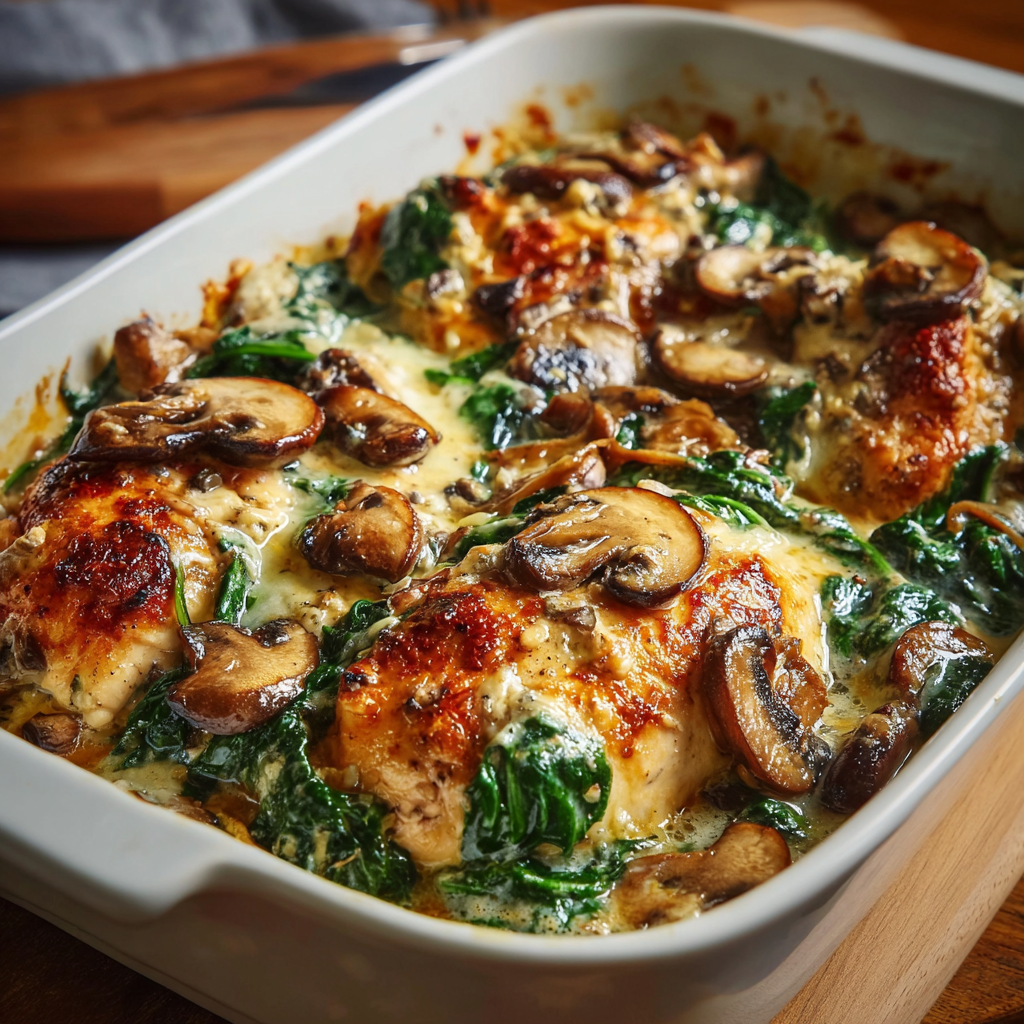 Close-up of baked chicken topped with melted mozzarella