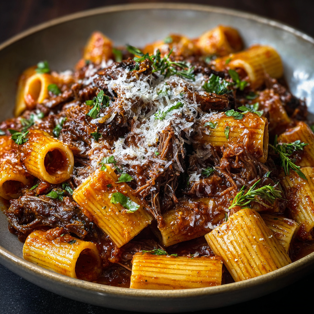 Braised beef short rib ragu in a Dutch oven