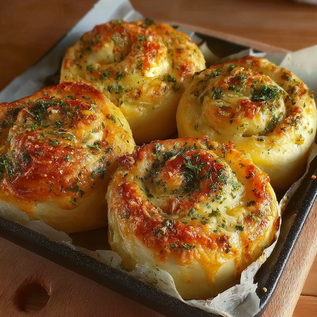 Freshly baked garlic cheese rolls with melted mozzarella