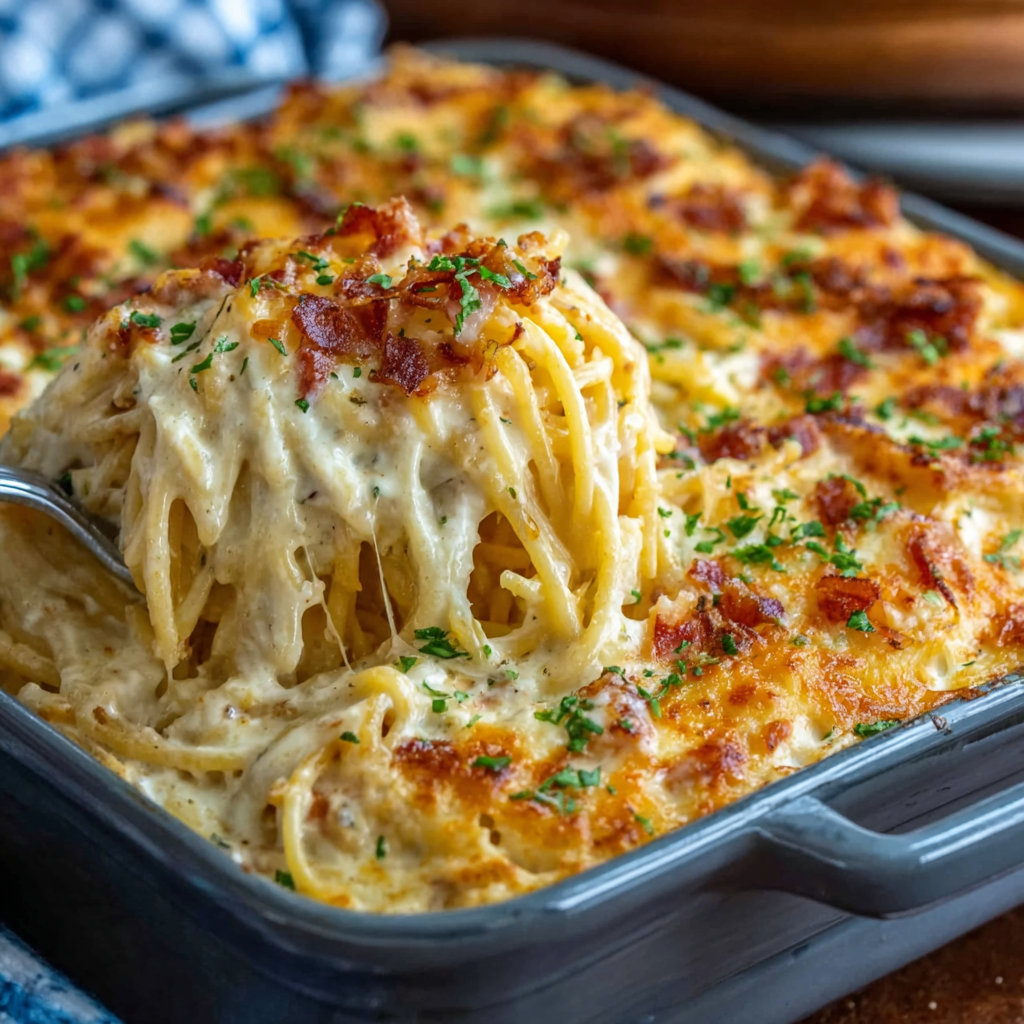 Creamy Southern Spaghetti Bake in a casserole dish, top view