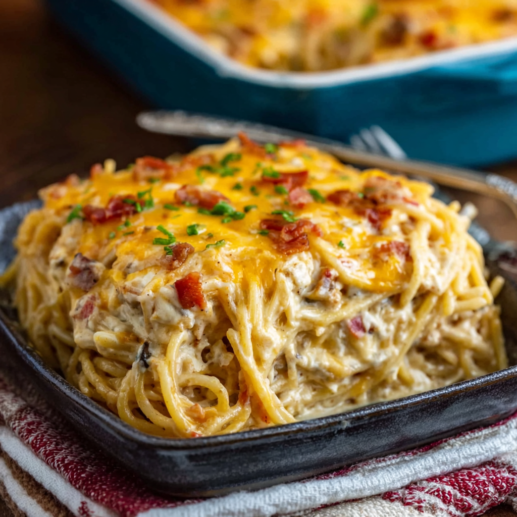 Close-up of cheesy spaghetti bake with bacon crumbles