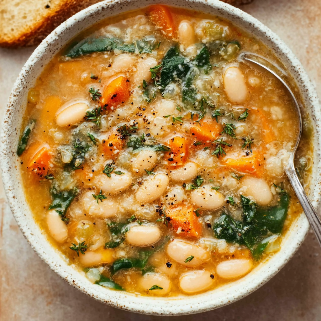 Pot of creamy white bean soup with rosemary