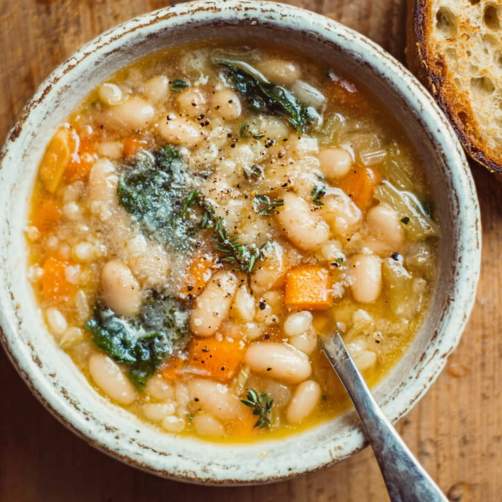Bowl of white bean soup with crusty bread