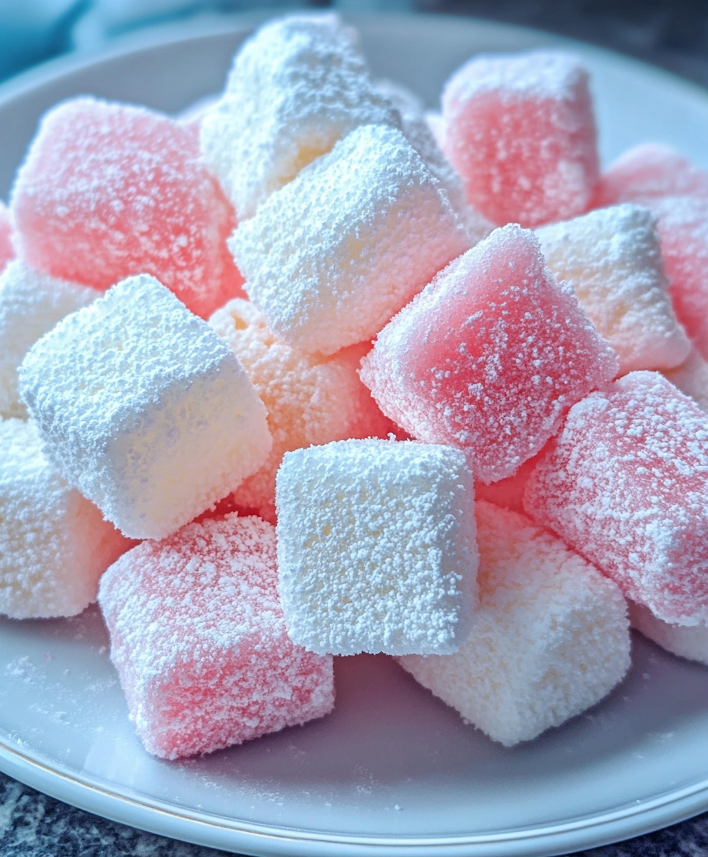 Cut cotton candy marshmallows dusted in powdered sugar