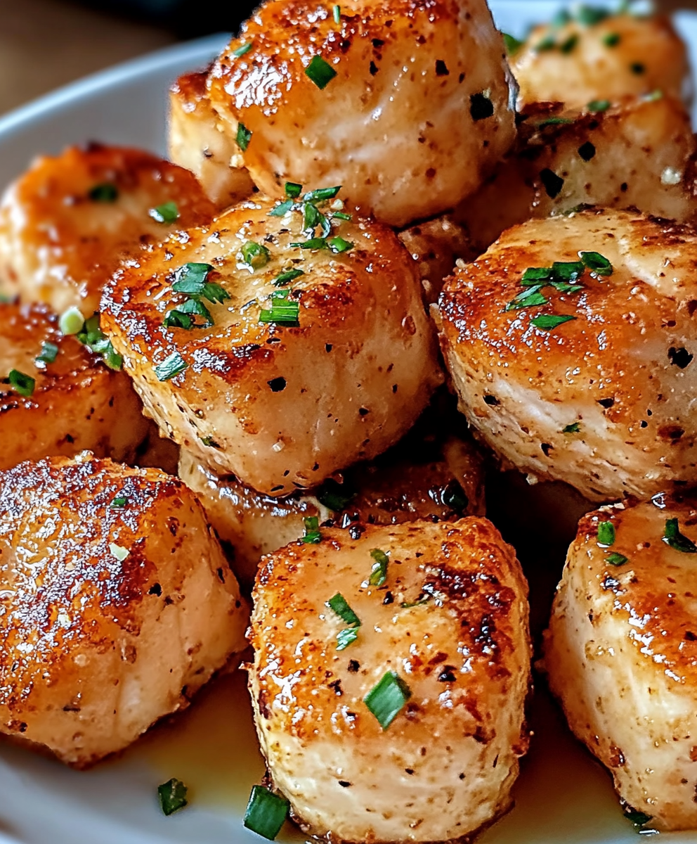 Air Fryer Bang Bang Salmon Bites in a white bowl garnished with chives