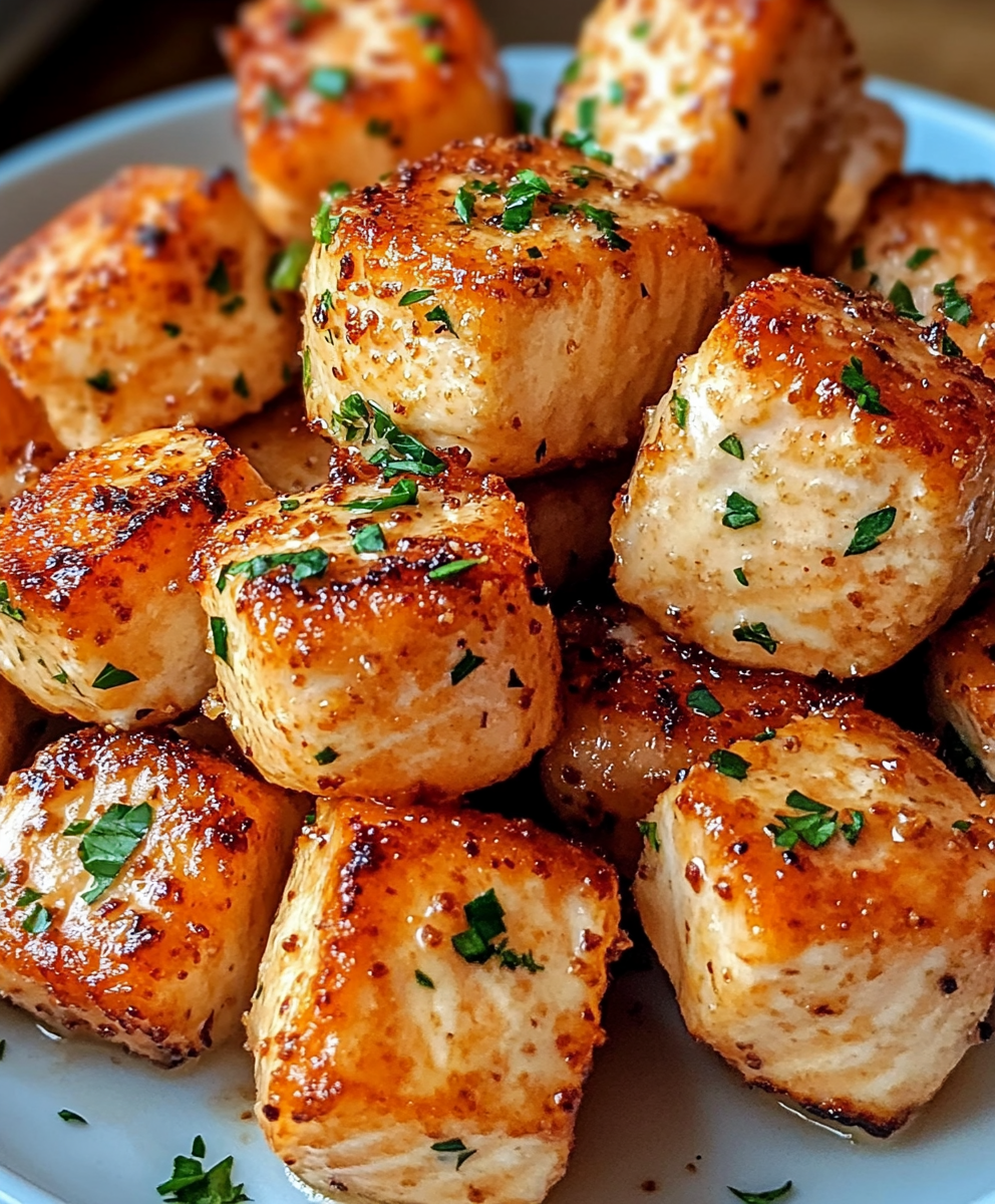 Close-up of glazed salmon bites on a serving platter