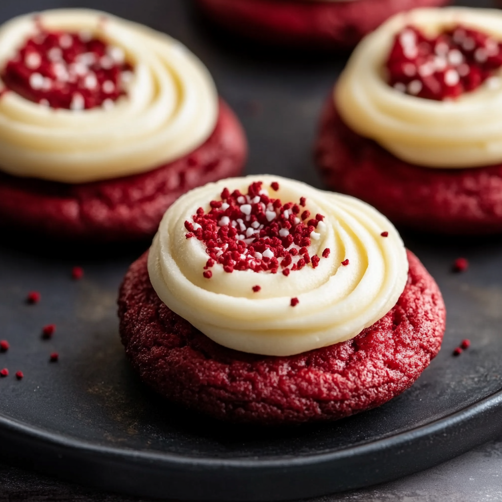 Stacked frosted red velvet cupcake cookies with crumbs