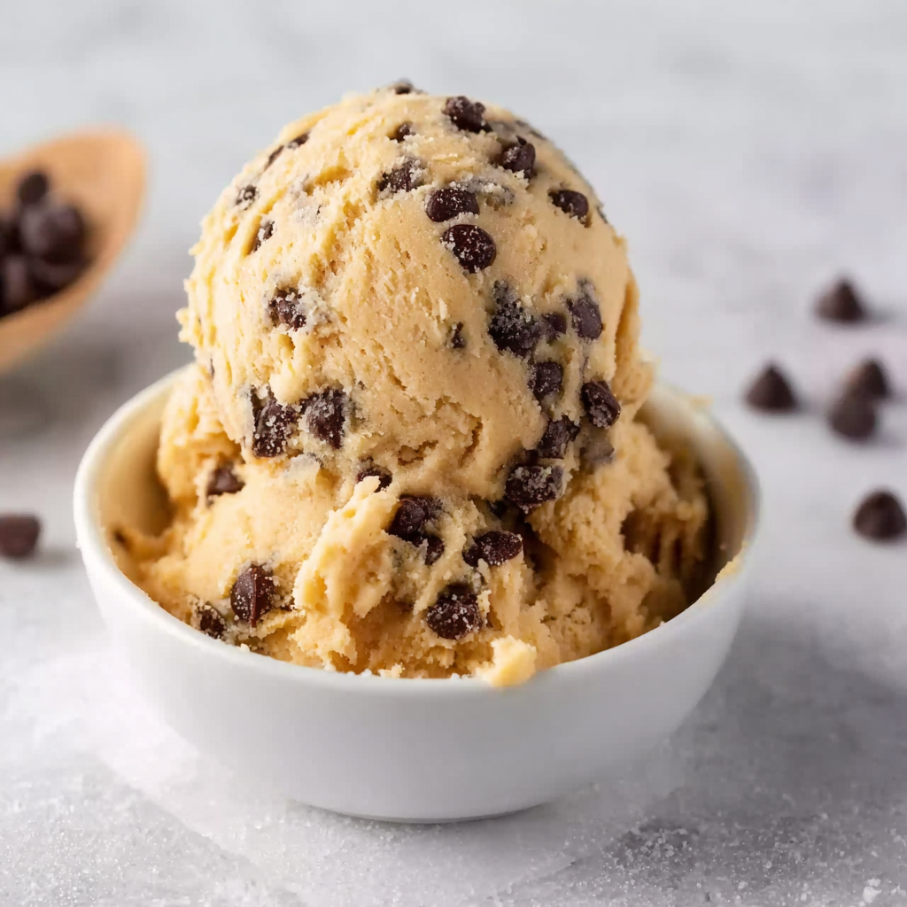 Close-up of edible chocolate chip cookie dough in jar