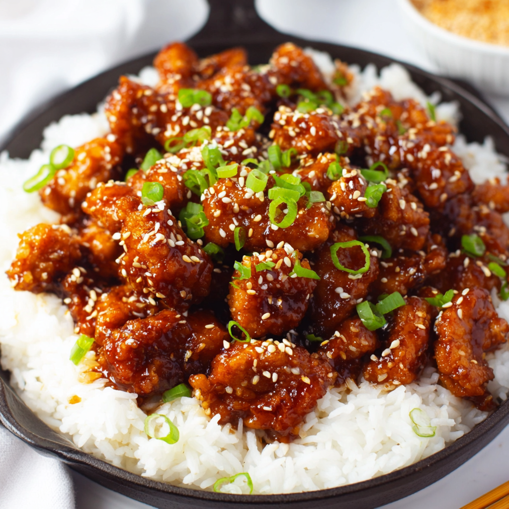 Crispy sesame chicken tossed in glossy sauce