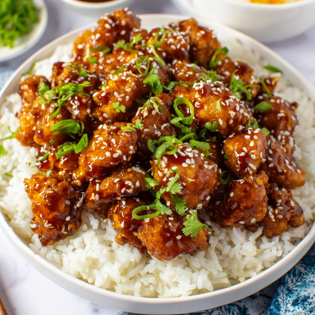 Plated sesame chicken with rice and garnishes