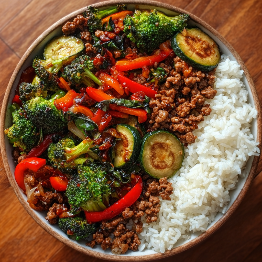Spicy ground beef stir-fry bowl - close up of beef and veggies