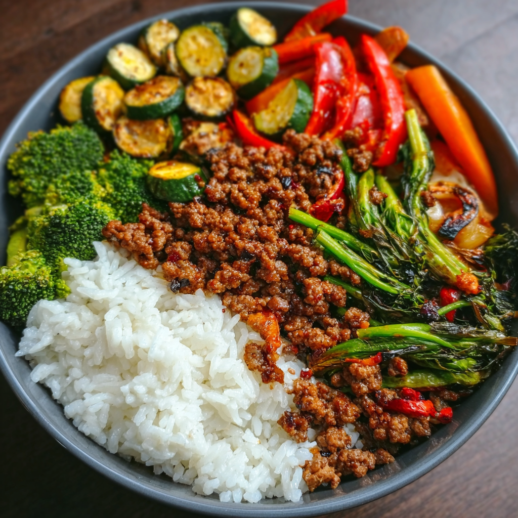Bowl with rice, beef, and vegetables - overhead